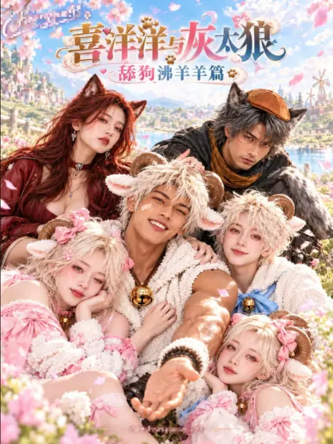 奇幻兽耳题材短剧封面，几位角色坐在花丛里